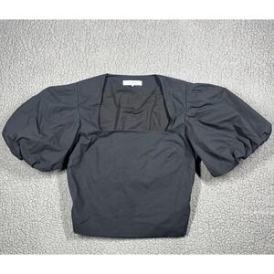 FRAME Shirt Womens Medium Black Square Neck Puff Sleeve Smocked Cropped Cotton